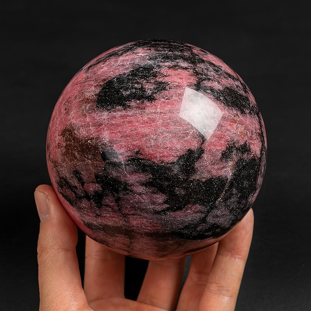 Natural Rhodonite Crystal Sphere – Polished Pink & Black Healing Stone for Emotional Balance & Heart Chakra