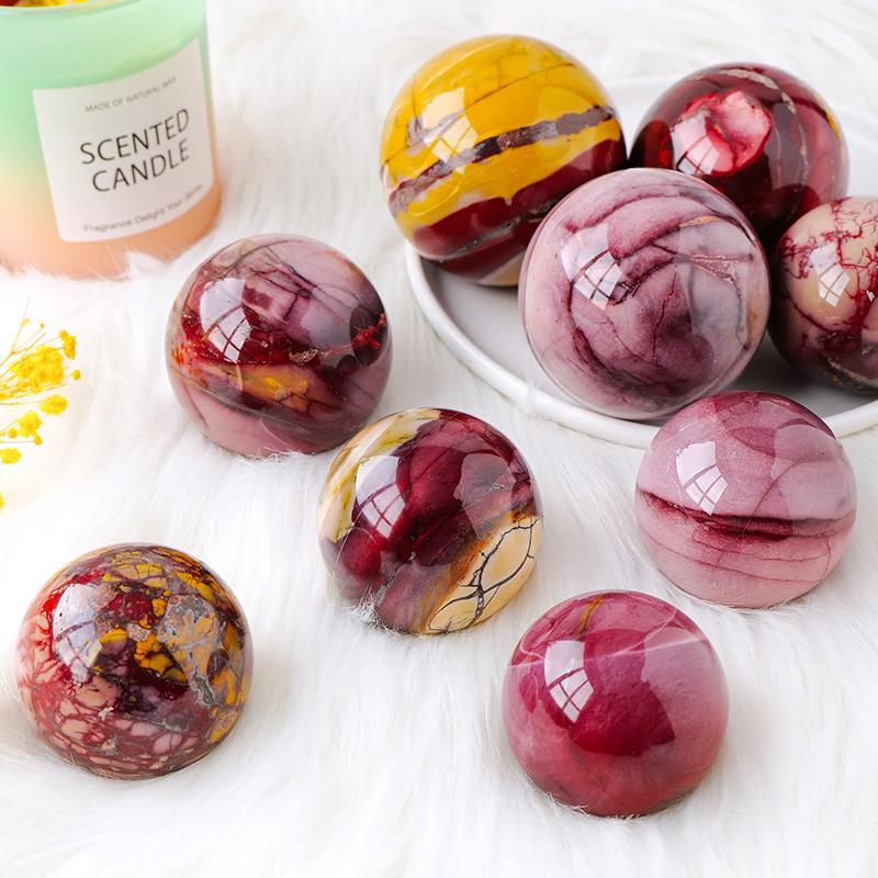 Natural Mookaite Jasper Crystal Sphere – Polished Yellow & Red Healing Stone Ball for Energy Balance, Meditation, and Home Décor