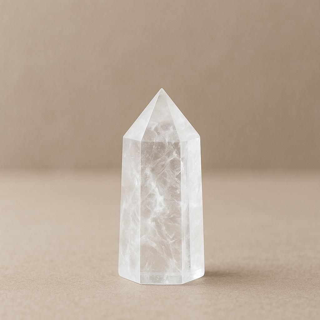Natural Clear Quartz Single Point – A hand-carved hexagonal tower crystal that serves both as a powerful tool for meditation, energy healing, and spiritual growth, and as an elegant, pure decorative piece for your home.