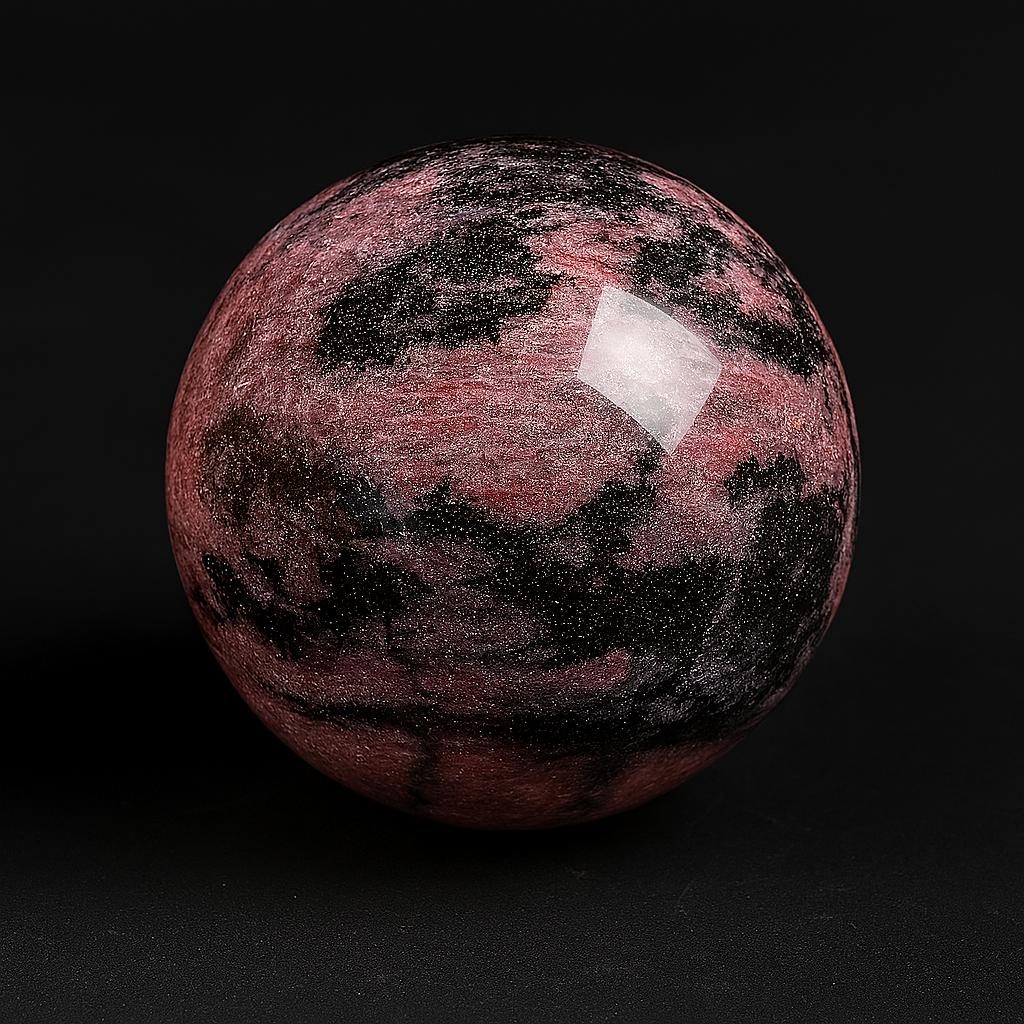 Natural Rhodonite Crystal Sphere – Polished Pink & Black Healing Stone for Emotional Balance & Heart Chakra