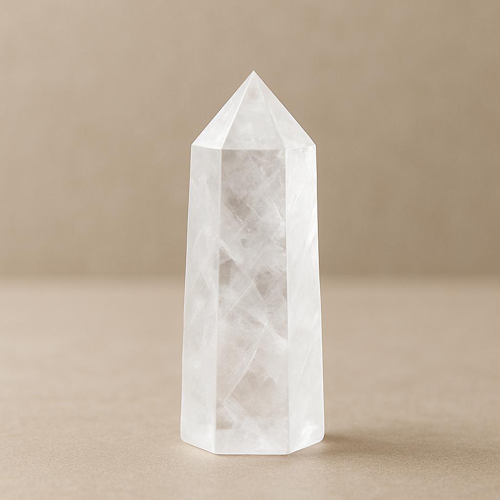 Natural Clear Quartz Single Point – A hand-carved hexagonal tower crystal that serves both as a powerful tool for meditation, energy healing, and spiritual growth, and as an elegant, pure decorative piece for your home.
